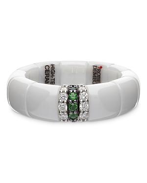 Roberto Demeglio 18k White Gold & White Ceramic Ring With Diamonds & Tsavorites