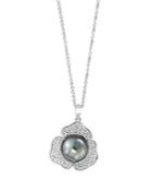 Bloomingdale's Black Tahitian Pearl & Diamond Flower Pendant Necklace In 14k White Gold, 16-18 - 100% Exclusive