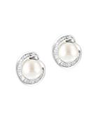 Bloomingdale's Freshwater Pearl & Diamond Baguette Swirl Stud Earrings In 14k White Gold - 100% Exclusive