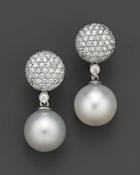 Diamond And White South Sea Pearl Drop Earrings In 14k White Gold, 11mm