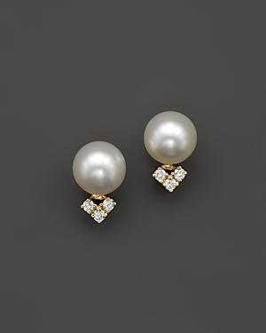 Cultured Freshwater Pearl And Diamond Earrings In 14k Yellow Gold, 7mm