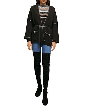 Maje Faux Leather & Fringe Trimmed Wrap Cardigan