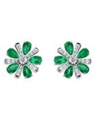Hueb 18k White Gold Botanica Emerald & Diamond Flower Stud Earrings