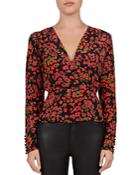 The Kooples Camellia Floral Crossover Silk Blouse