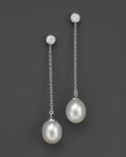 Cultured Freshwater Pearl And Diamond Drop Earrings In 14k White Gold