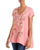 Johnny Was Caspian Embroidered Linen Drape Top