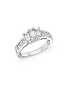 Diamond Three Stone Emerald And Princess Cut Ring In 14k White Gold, 1.50 Ct. T.w.
