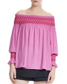 Maje Lofaur Smocked Embroidered Off-the-shoulder Top