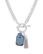 Lauren Ralph Lauren Blue Stone & Chain Tassel Pendant Necklace In Silver Tone, 17