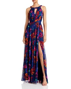 Aidan Mattox Floral Chiffon Pleated Bodice Gown