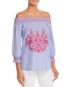 Design History Embroidered Pinstripe Off-the-shoulder Top