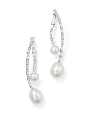 Cultured Freshwater Pearl Drop Earrings With Diamonds In 18k White Gold, 6.5mm