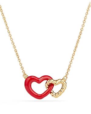 David Yurman Double Heart Pendant Necklace With Red Enamel And 18k Gold