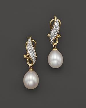 Cultured Freshwater Pearl Drop Earrings With Diamonds In 14k Yellow Gold, 8mm