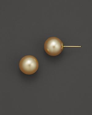 Cultured Golden South Sea Pearl Stud Earrings In 14k Yellow Gold, 10mm