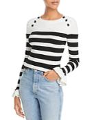 Milly Button Shoulder Striped Rib Knit Sweater