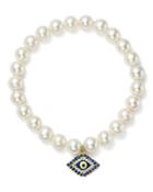 Bloomingdale's Cultured Freshwater Pearl, Sapphire & Diamond Evil Eye Charm Stretch Bracelet In 14k Yellow Gold - 100% Exclusive