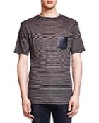 The Kooples Stripes Linen Tee With Leather Pocket
