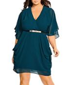 City Chic Plus Belted Flutter-sleeve Dress
