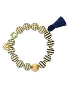 Tory Burch Roxanne Logo & Tassel Charm Beaded Stretch Bracelet