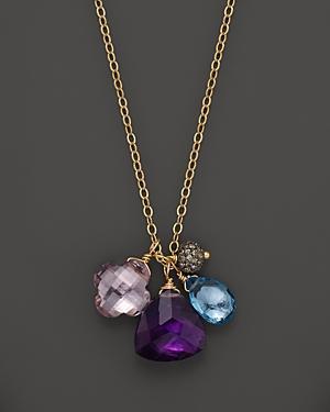 Multi Amethyst And Blue Topaz Charm Necklace With Pave Diamond Bead, 17
