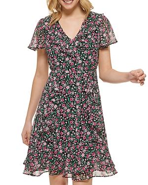 Karl Lagerfeld Paris Floral Print Ruffled A Line Dress