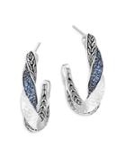 John Hardy Sterling Silver Classic Chain Blue Sapphire Twisted Hammered Hoop Earrings