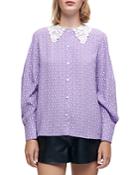 Maje Guipure Lace Collar Bow Print Button Front Shirt