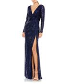 Mac Duggal Sequined V-neck Long Sleeve Gown