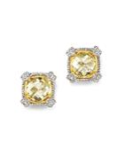 Judith Ripka Cushion Stud Earrings With White Sapphire And Canary Crystal