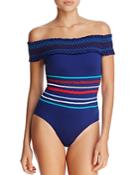Red Carter Smocked Off-the-shoulder One Piece Swimsuit