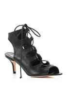 Delman Leather Caged Lace Up Mid Heel Sandals