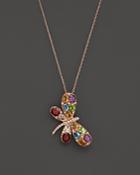 Multi Gemstone And Diamond Butterfly Pendant Necklace In 14k Rose Gold, 18