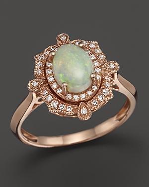 Opal And Diamond Antique Inspired Ring In 14k Rose Gold