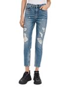 The Kooples Aged Mid-rise Cropped Slim-leg Studded Distressed Jeans In Blue Denim