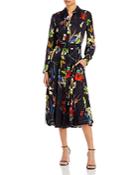 Jason Wu Pleated Long Sleeve Floral Midi Shirt Dress