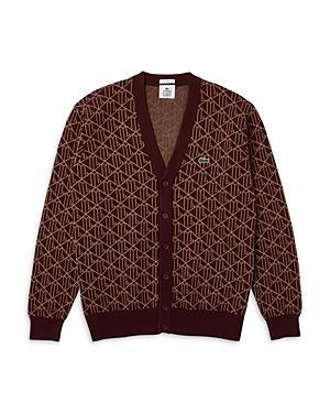 Lacoste L!ve Cotton Blend Monogram Jacquard Classic Fit V Neck Cardigan