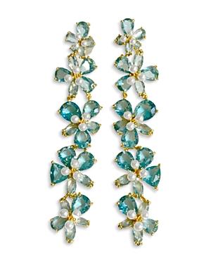 Nicola Bathie Mayfair Blue Crystal & Imitation Pearl Flower Statement Earrings In 14k Gold Plated