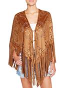 Blanknyc Perforated Faux Suede Fringe Poncho
