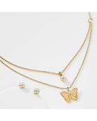 Nadri Cubic Zirconia Butterfly Layered Pendant Necklace & Stud Earrings Set