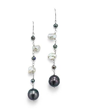Black Cultured Freshwater Pearl And White Keshi Pearl Drop Earrings In 14k White Gold