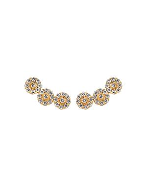 Hueb 18k Yellow Gold Diamond Flower Triple Halo Curved Earrings