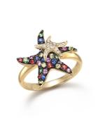 Multi Sapphire And Diamond Starfish Ring In 14k Yellow Gold