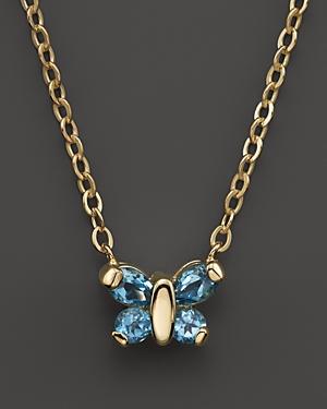 Blue Topaz Butterfly Pendant Necklace In 14k Yellow Gold, 16