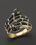 Black And White Diamond Snake Ring With Tsavorite In 14k Yellow Gold