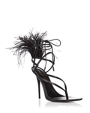 Saint Laurent Women's Instinct Pointed Toe Feather Trim High Heel Thong Sandals