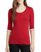 Burberry Scoop Neck Three Quarter Sleeve Tee With Check Cuffs