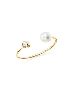 Zoe Chicco 14k Yellow Gold Diamond Bezel And Cultured Freshwater Pearl Bypass Ring