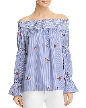 Soloiste Floral Embroidered Striped Off-the-shoulder Top