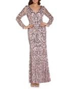 Adrianna Papell Stretch Sequin V Neck Long Sleeve Gown